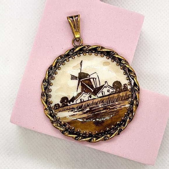 Vintage Brown Gold Tone Delft Windmill Pottery Pendant, Size: 1.75" * 1.5" - Picture 1 of 3